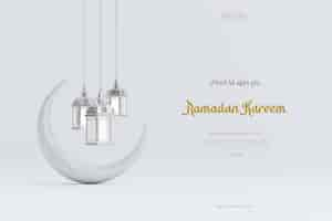 Free PSD islamic ramadan greeting background composition with hanging arabic lanterns and crescent moon