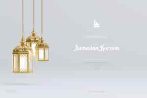 Free PSD islamic ramadan greeting background composition with hanging arabic lanterns and ornaments