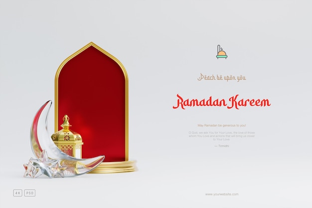 Исламский фон приветствия Рамадана с 3D-подиумом мечети и орнаментами исламского полумесяца