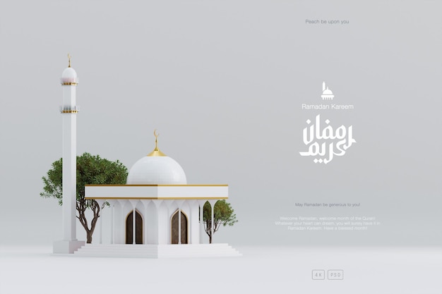 Islamic ramadan greeting background with cute 3d mosque and islamic crescent ornaments