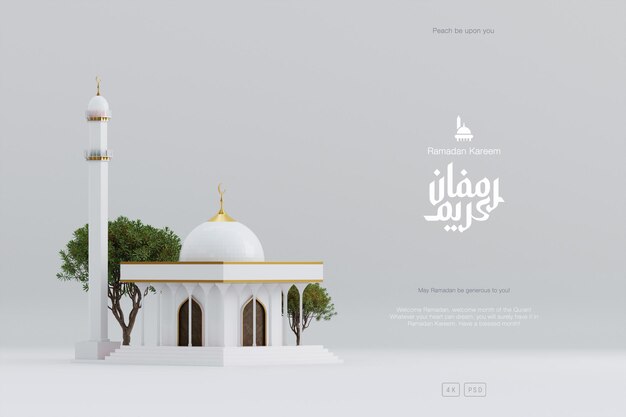 Islamic Ramadan greeting background with Cute 3D Mosque and Islamic Crescent ornaments