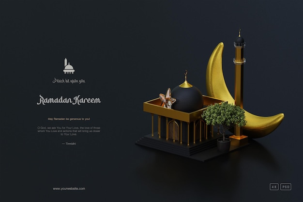 Islamic ramadan greeting background with cute 3d mosque and islamic crescent ornaments