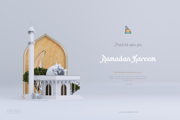 Islamic Ramadan greeting background with Cute 3D Mosque and Islamic Crescent ornaments