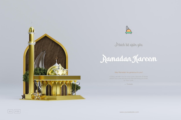 Islamic ramadan greeting background with cute 3d mosque and islamic crescent ornaments