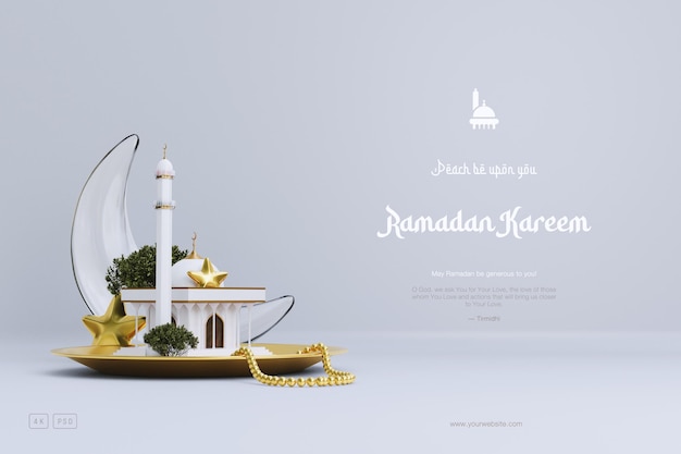 Islamic Ramadan greeting background with Cute 3D Mosque and Islamic Crescent ornaments