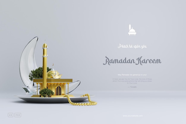かわいい3Dモスクとイスラムの三日月形の装飾品とイスラムラマダンの挨拶の背景