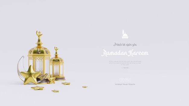 Free PSD islamic ramadan kareem greeting background with cute arabic lantern crescent ornaments