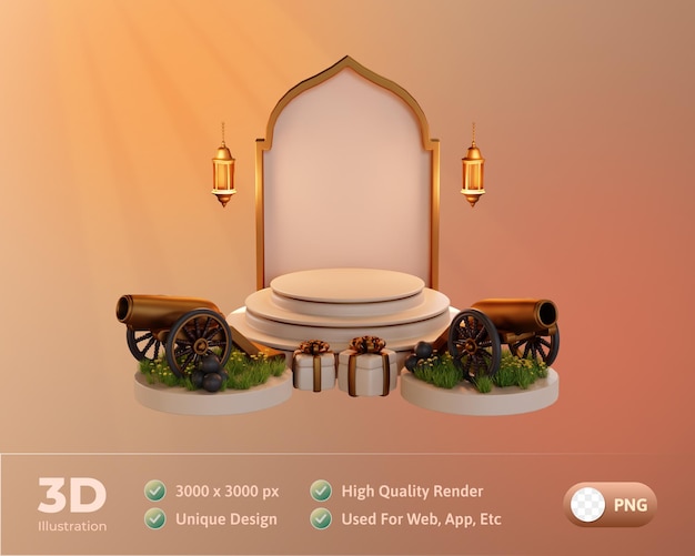 Islamic Ramadan Podium with cannon and gift box 3d Illustration