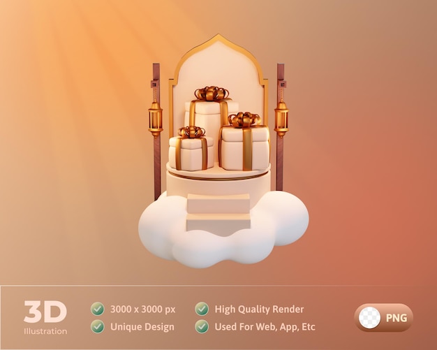 PSD gratuito podio islamico del ramadan con illustrazione 3d del contenitore di regalo