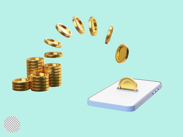 Free PSD isolate of golden coins dropping and flying to smartphone for money transfer and internet mobile banking or electronic transaction concept by 3d render illustration