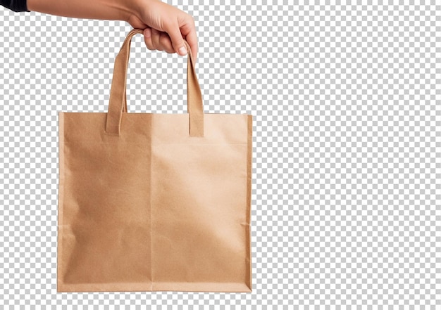 Free PSD isolated hand holding brown eco friendly tote bag