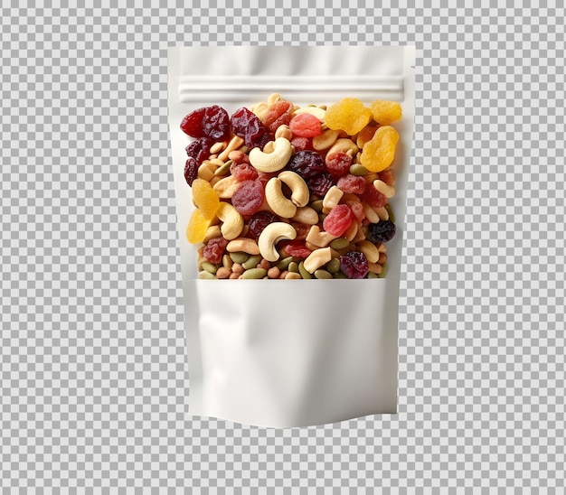 Free PSD isolated white blank glossy pouch with fruit amp nut mix