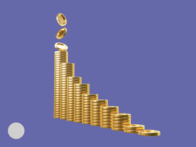 Изоляция увеличения укладки и падения золотых монет для экономии роста и концепции инвестиций в бизнес с помощью 3D-иллюстрации