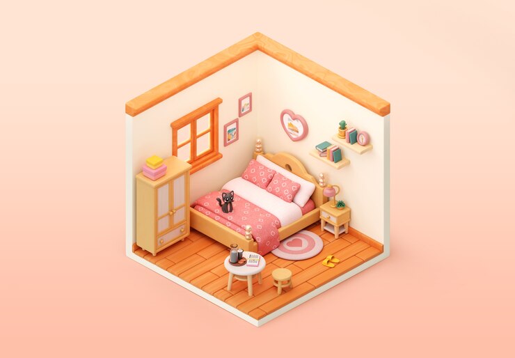 Free PSD isometric bedroom illustration