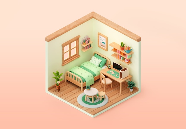 Free PSD isometric bedroom illustration