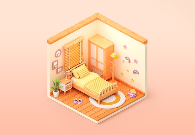 Free PSD isometric bedroom illustration