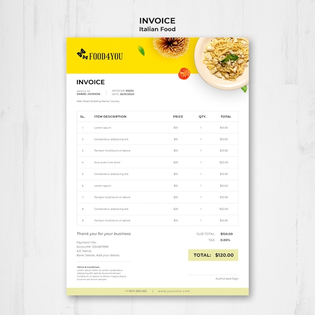 PSD gratuito modello di fattura del concetto di cibo italiano