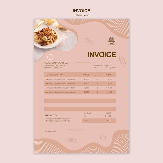 Italian food invoice template