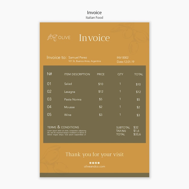 Free PSD italian food invoice template