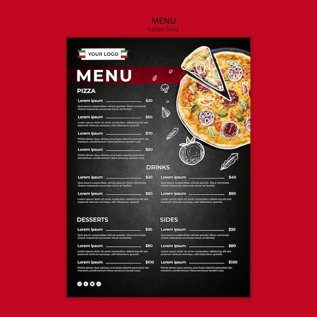 Modello di menu di cibo italiano