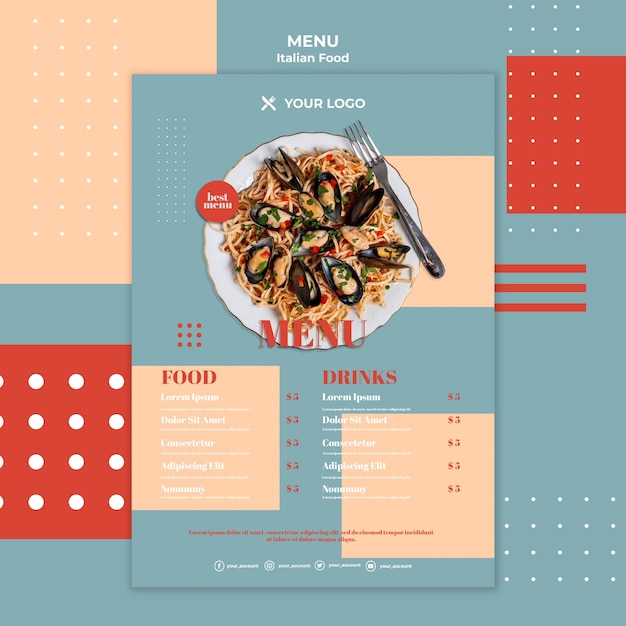 Modello di menu di cibo italiano