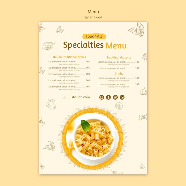 Modello di menu di cibo italiano