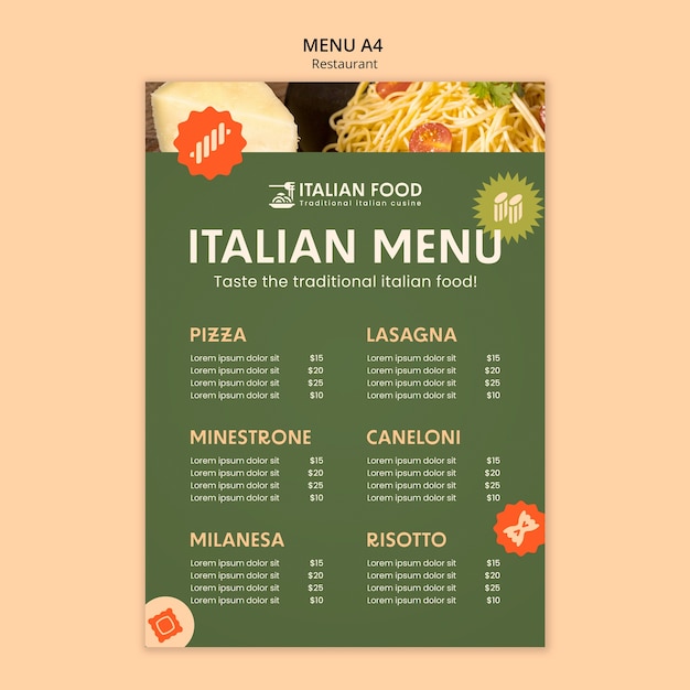 PSD gratuito modello di menu di un ristorante italiano