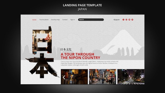 Japan travel destination landing page template with japanese symbols