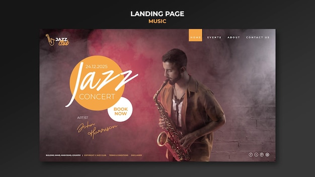 PSD gratuito modello di pagina di destinazione del concerto jazz