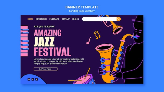 PSD gratuito modello di pagina di destinazione per la celebrazione del giorno del jazz.