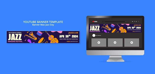 PSD gratuito banner di youtube per la celebrazione del giorno del jazz.