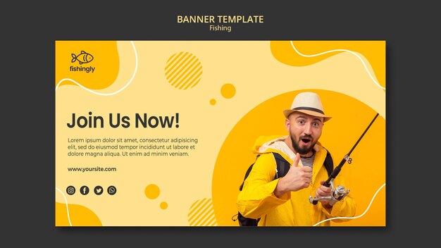 Join us now man in yellow fishing coat banner