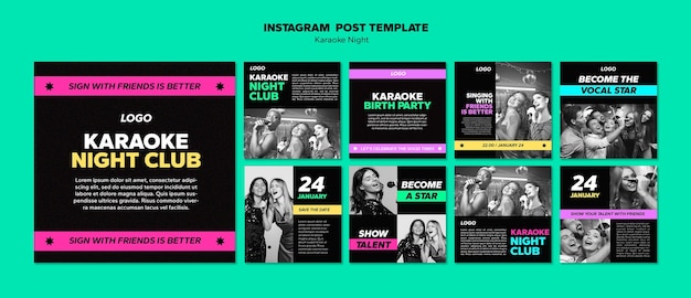 Бесплатный PSD Коллекция постов в instagram для ночной вечеринки с караоке