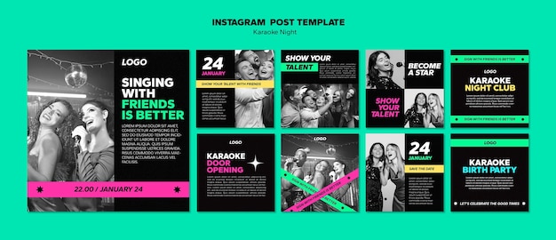 Бесплатный PSD Коллекция постов в instagram для ночной вечеринки с караоке
