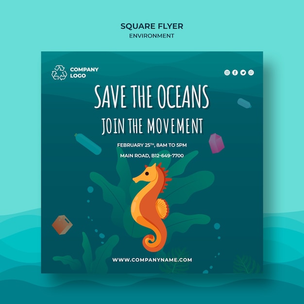 Free PSD keep the ocean clean square flyer template with seahorse