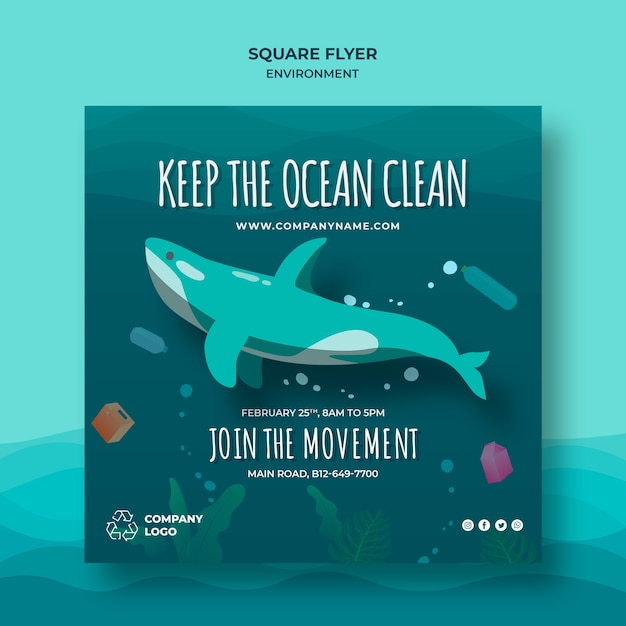 Keep the ocean clean square flyer template with whale