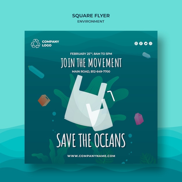 Free PSD keep the ocean clean square flyer template without plastic bags