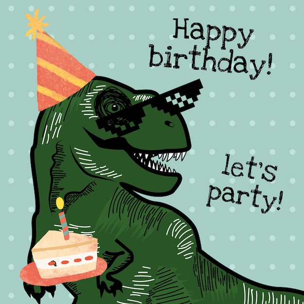 Free PSD kid’s birthday invitation template psd with dinosaur holding a cake illustration