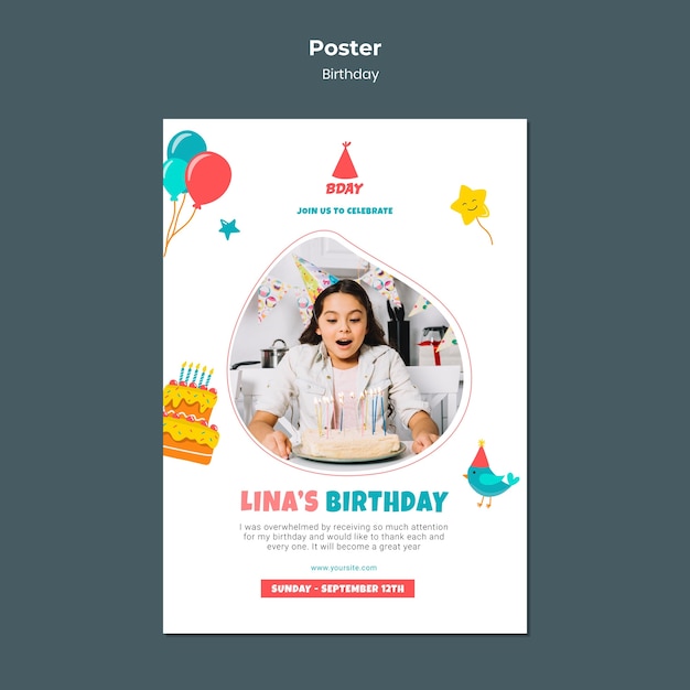 PSD gratuito modello di poster per la celebrazione del compleanno del bambino