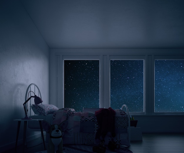 Free PSD kid's room with bed and toys at night
