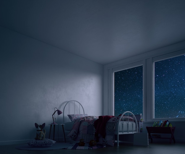 Free PSD kid's room with bed and toys at night