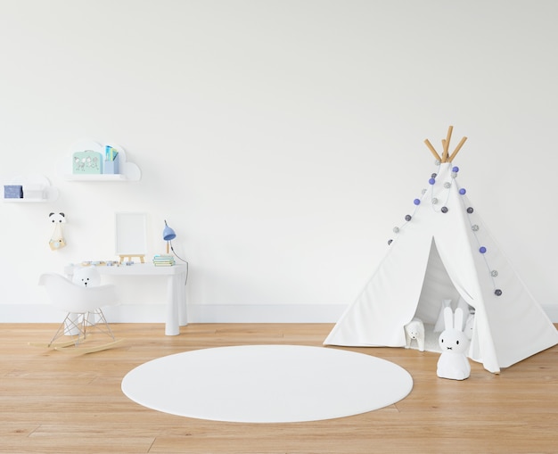 Kid's room with white carpet and teepee