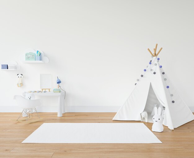 Kid's room with white carpet and teepee