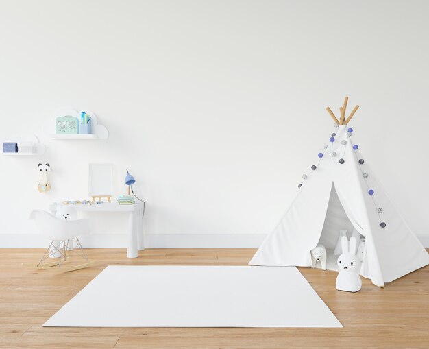 Kid's room with white carpet and teepee