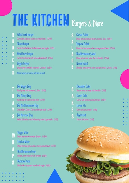 Modello di menu di hamburger di cucina