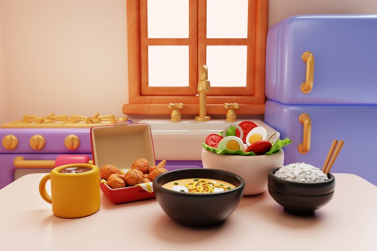 मुफ़्त PSD kitchen and food 3d illustration