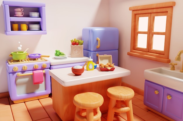 Kitchen and food 3d illustration