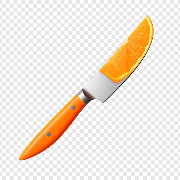 Free PSD kitchen knife with orange steel blade with saved path isolated on transparent background