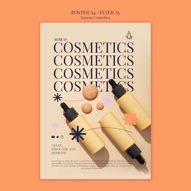 Modello di poster verticale per cosmetici coreani per la bellezza e la cura della pelle