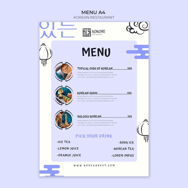 PSD gratuito modello di menu del ristorante coreano